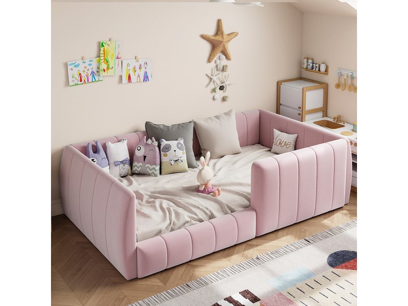  Lit enfant,90x200 cm,avec tête rembourrée,barrière de sécurité,velours,rose,  - Conforama D