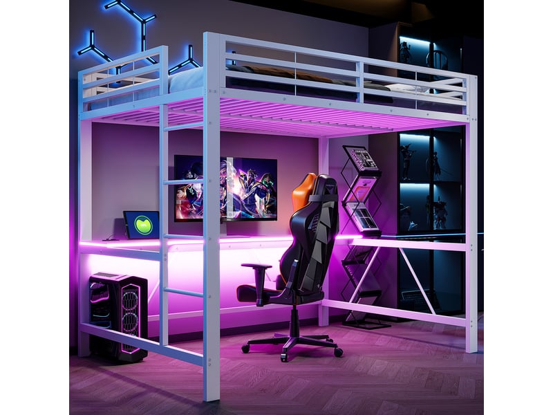  Lit mezzanine gaming 140x200 cm blanc en métal avec led, usb et bureau intégré pour chambre moderne.  - Conforama E