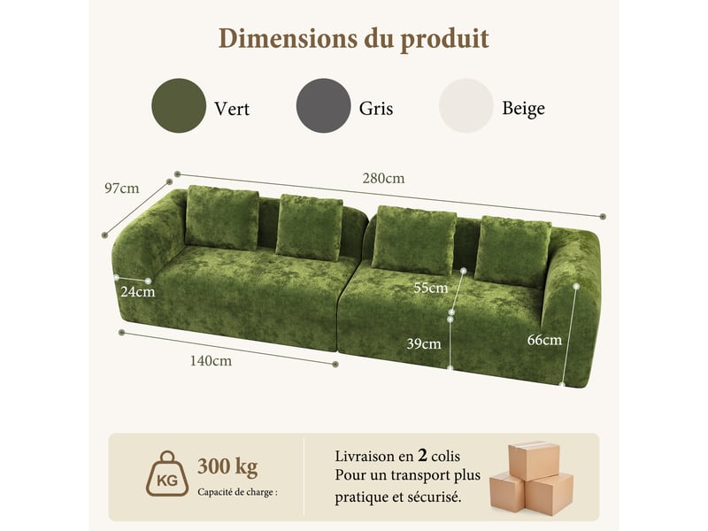 Canapé compressé modulable 3 places en chenille premium,aucun montage,mousse 32d haute résilience,canapé salon moderne vert,280x97x66cm 280x97x66CM - Conforama E