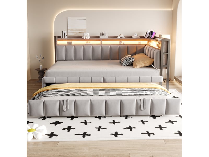  Lit gigogne 90x200 cm en velours gris clair avec led et usb  - Conforama D