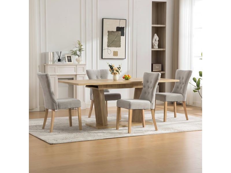  Ensemble salle à manger table extensible + 6 chaises – aspect bois massif, tissu chenille gris, pieds bois massif, clous décoratifs  - Conforama R