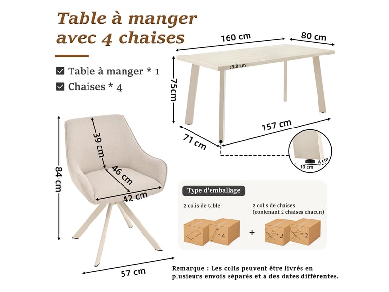 Ensemble table et 4 chaises - table rectangulaire 160x80 cm monobloc en travertin et pieds métal, 4 chaises en tissu beige et pieds en métal blanc - Conforama C
