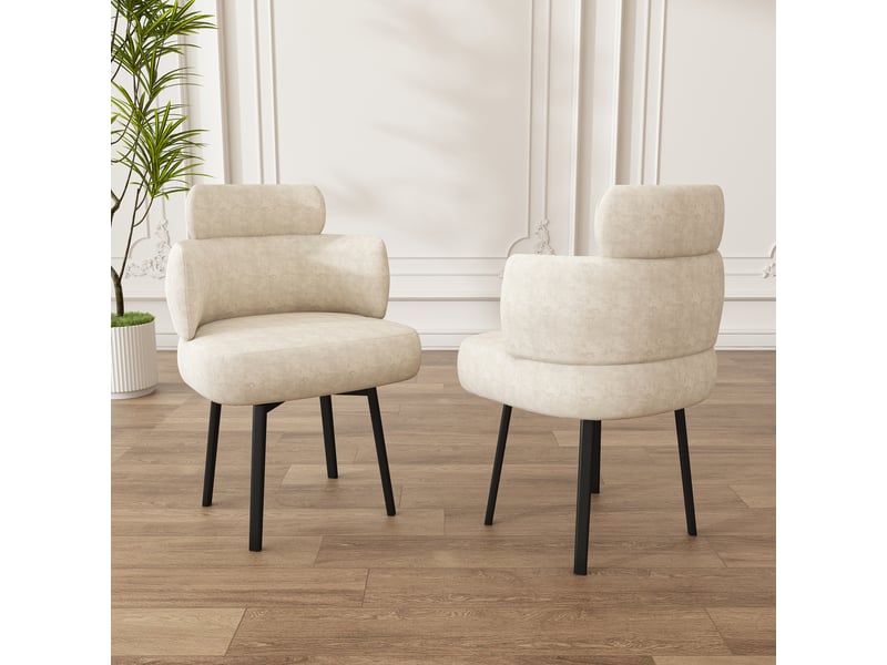  Chaise de salle à manger pivotante 360° avec accoudoirs, revêtement chenille et dossier incurvé, crème blanc, pour salle à manger salon coiffeuse  - Conforama B