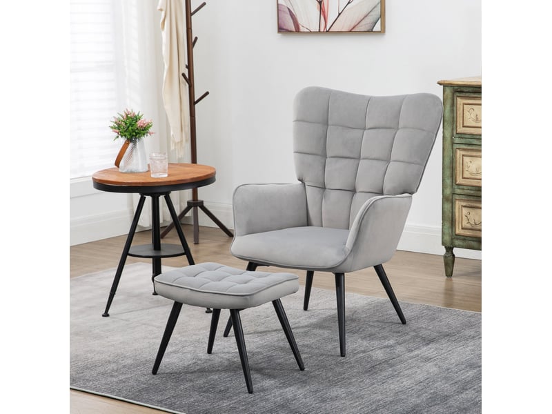  Fauteuil à oreilles avec repose-pieds en aspect velours gris clair  - Conforama B