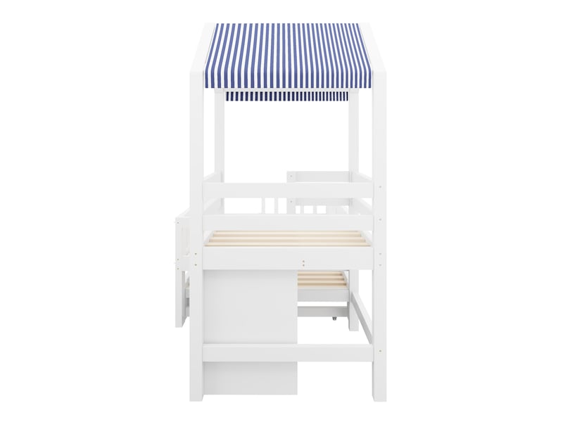 Lit cabane 90×200 cm avec lit gigogne 90×190 cm, tiroirs, escalier, bois massif blanc sans matelas - Conforama D