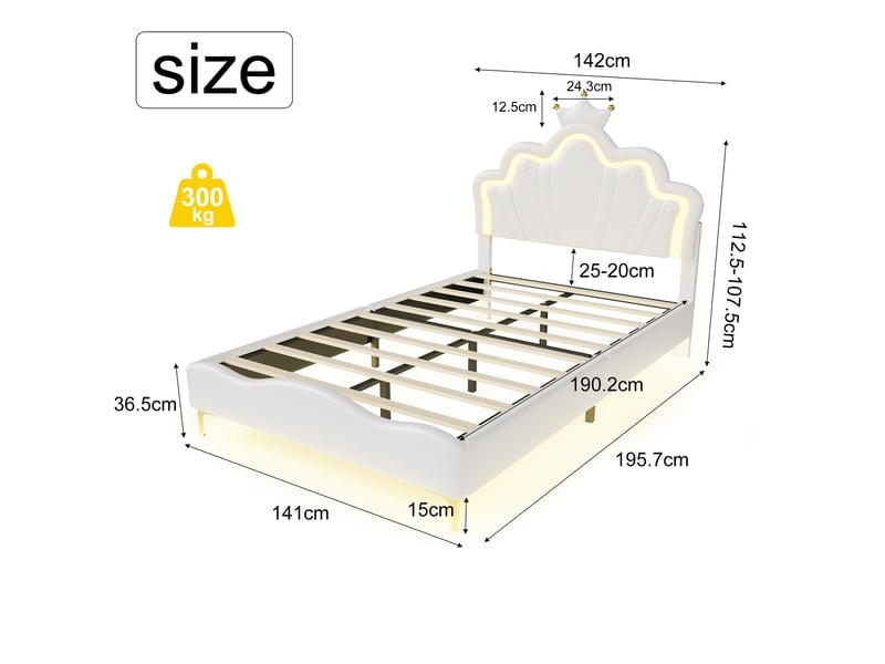  Lit 140x190cm - lit enfant 140x190 - lit double rembourré avec tête de lit couronne, led rgb - moderne - en similicuir pu blanc  - Conforama E