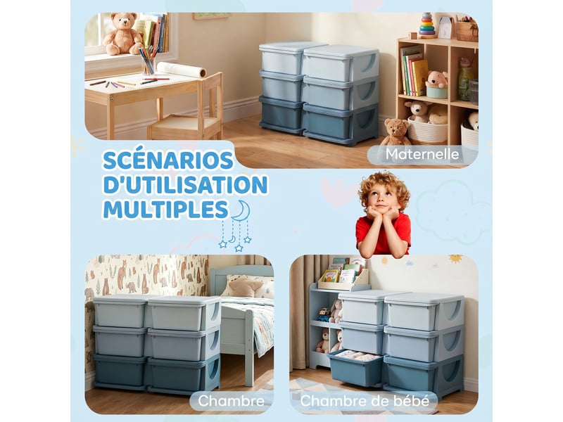  Organisateur de jouets pour enfants à 3 niveaux avec 6 tiroirs, boîtes de rangement en plastique, bleu, 75x37x56,5cm  - Conforama E
