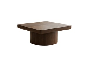 Table basse carrée 78x78 cm plaquée noyer avec motif parquet et base cylindrique