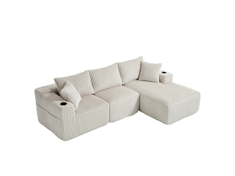  Canapé modulable modenvie 3 places avec méridienne en velours côtelé beige 257 x 160 x 80 cm  - Conforama A