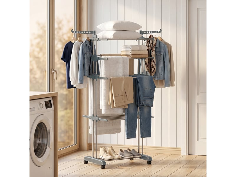  Étendoir à linge pliable à 5 niveaux, avec roulettes et structure en acier inoxydable, pour la maison et la buanderie, gris  - Conforama B