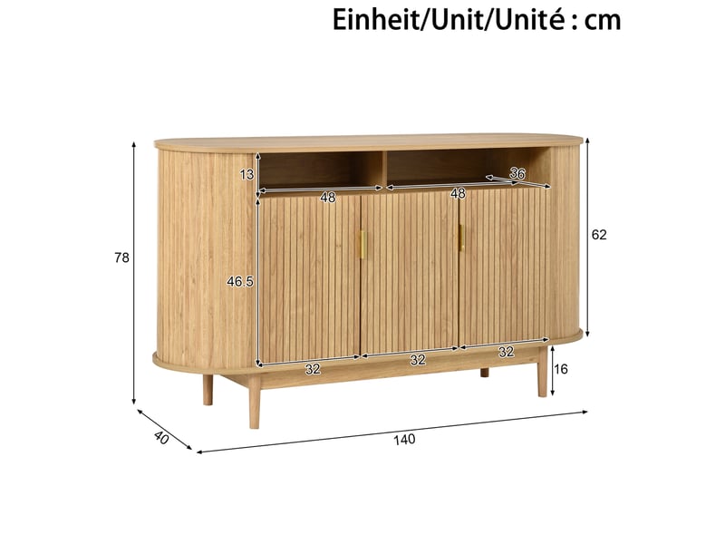 Buffet et enfilade 3 portes, niche ouverte, pieds en pin pour salon, façade à lignes verticales 140 × 40 × 78 cm - Conforama C