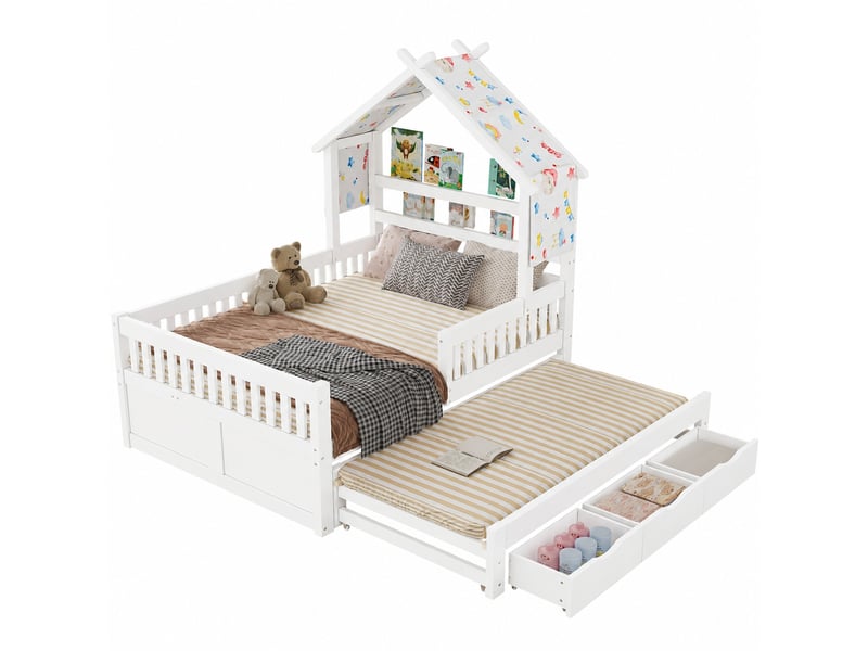  Lit cabane blanc 140x200 cm avec lit gigogne, barrières de sécurité et 3 tiroirs  - Conforama A