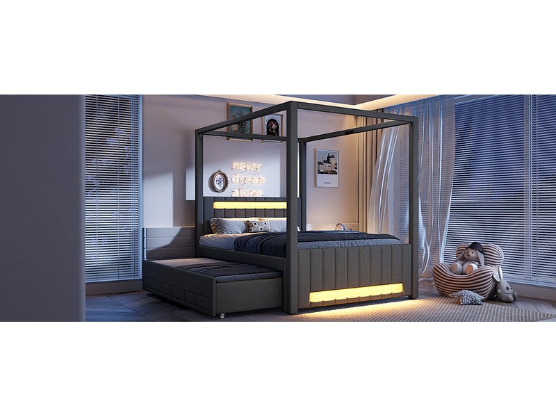  Lit à baldaquin double 140×200 cm avec lit gigogne, 3 tiroirs et led réglable - okmyhome- gris, sans matelas  - Conforama E