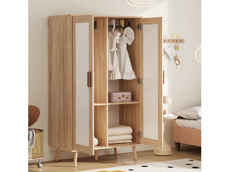  Armoire enfant tcqpz 160 x 46 x 141,5 cm penderie ouverte, 2 portes, 2 tiroirs, mdf, blanc et bois naturel  - Conforama D