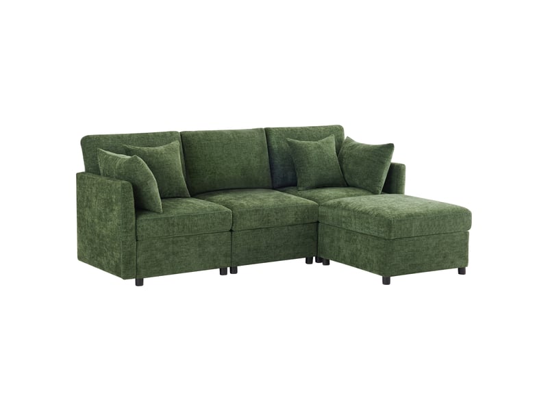 Canapé d'angle modulable 3-4 places avec pouf - tissu chenille vert - 216x161x81 cm - Conforama A