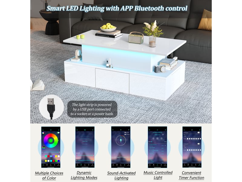  Table basse relevable avec 4 tiroirs, niche centrale, rangement caché et éclairage led pour salon en mdf blanc 100×50×40 cm  - Conforama E