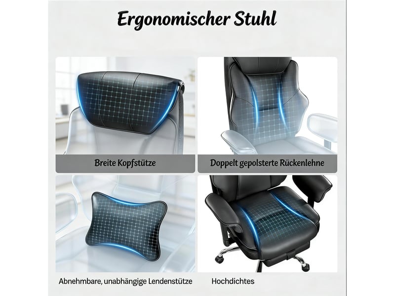  Chaise de bureau ergonomique noire en cuir régénéré, dossier inclinable et repose-pieds extensible, hauteur réglable  - Conforama D