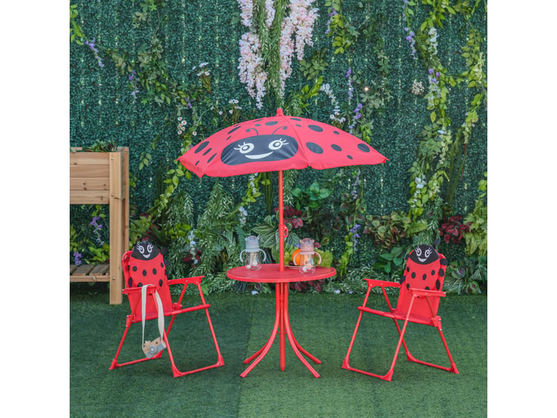  Ensemble salon de jardin enfant 4 pcs design coccinelle - table ronde + 2 chaises pliables + parasol - métal époxy oxford rouge  - Conforama C