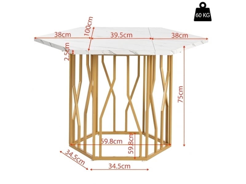  Ensemble table à manger hexagonale et 4 chaises, effet marbre et pieds dorés  - Conforama C