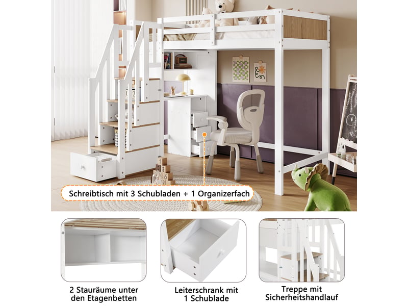  Lit mezzanine 90×200 cm blanc et naturel en pin et mdf, bureau à 3 tiroirs, escalier de rangement et étagère ouverte  - Conforama E