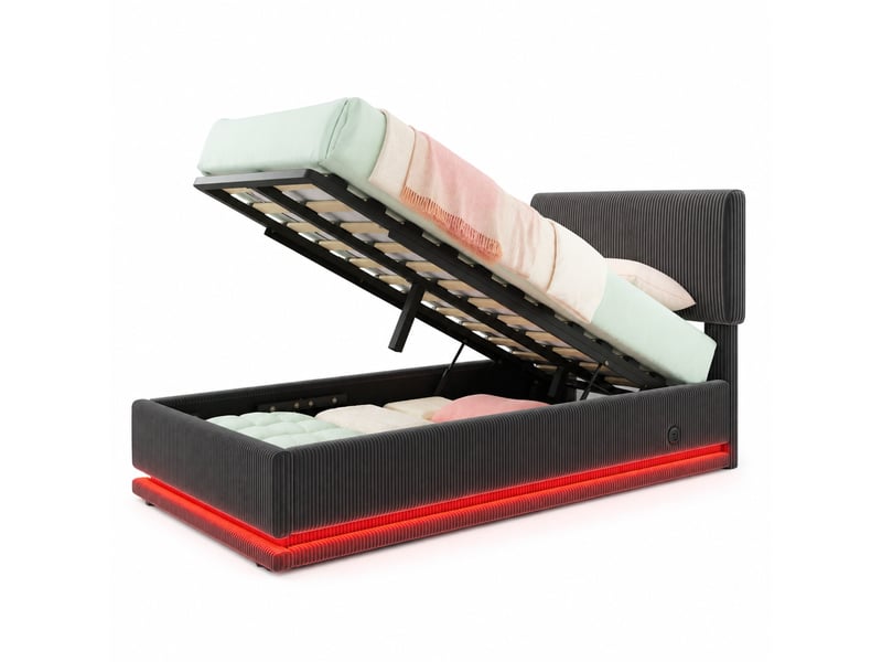  Lit coffre 90x200 cm, led, velours côtelé, finition gris foncé, tête réglable 3 positions, espace de stockage caché  - Conforama E