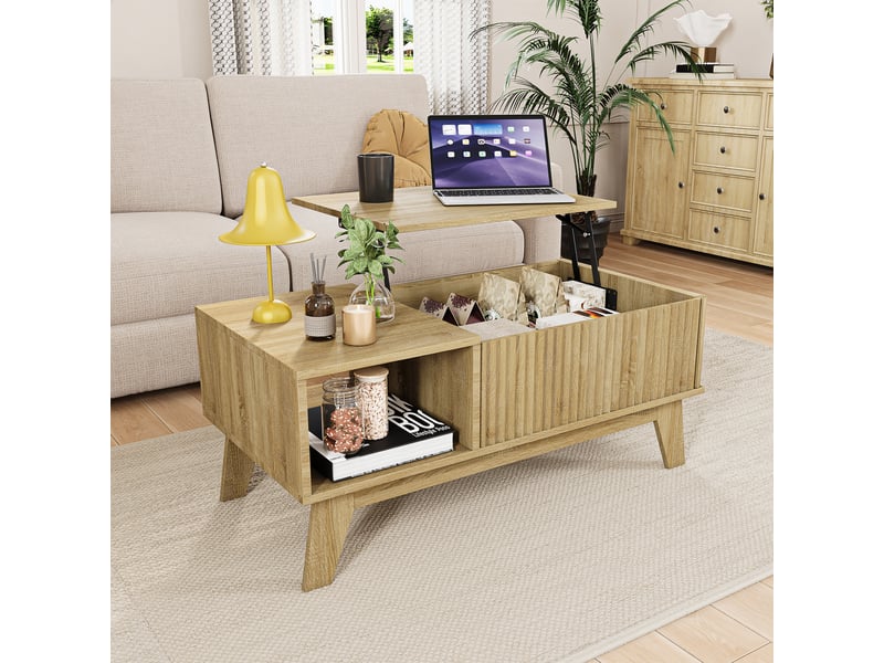  Table basse rectangulaire réglable en hauteur avec espace de rangement, 95x48x42cm, couleur bois  - Conforama D