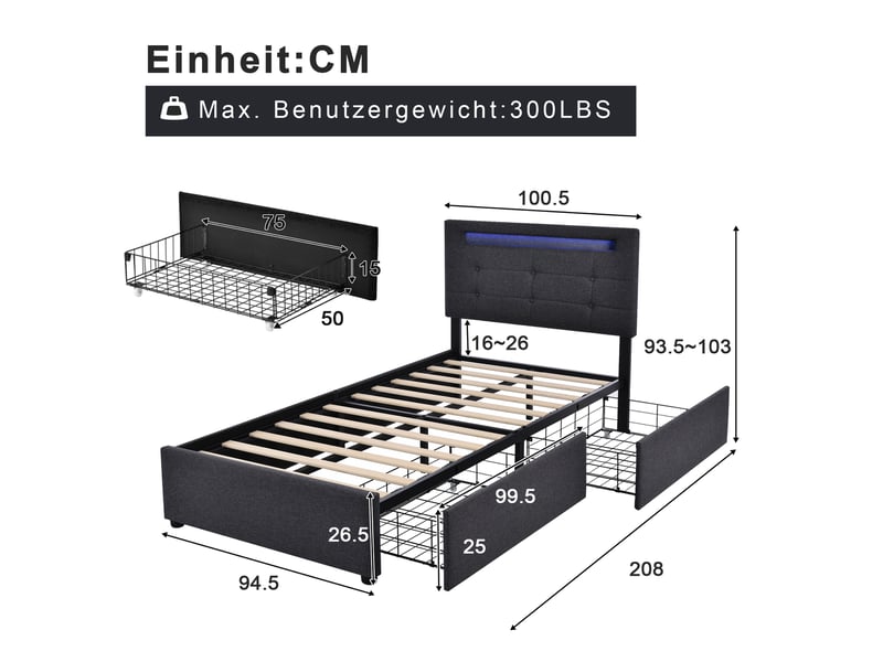  Lit enfant 90x200 cm, led, tiroirs, rangement, tête de lit réglable, sommier, lin gris, sans matelas  - Conforama C