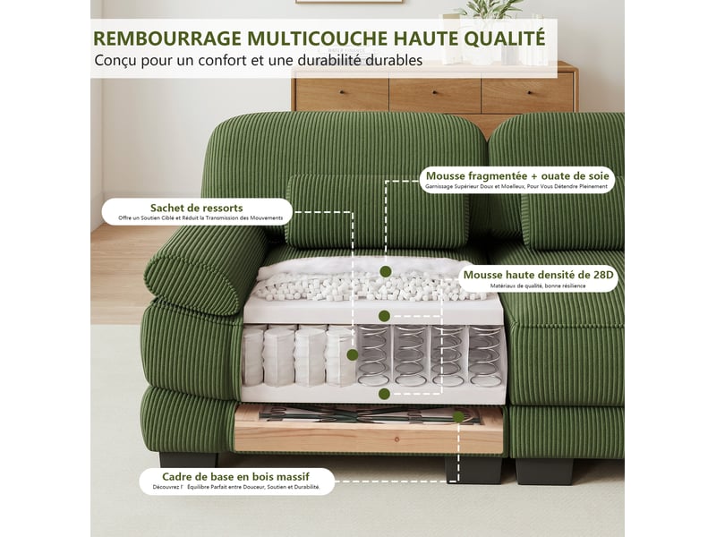 Canapé d’angle modulable 4 places modenvie avec pouf, 336 x 161 x 94 cm, velours côtelé vert  - Conforama E