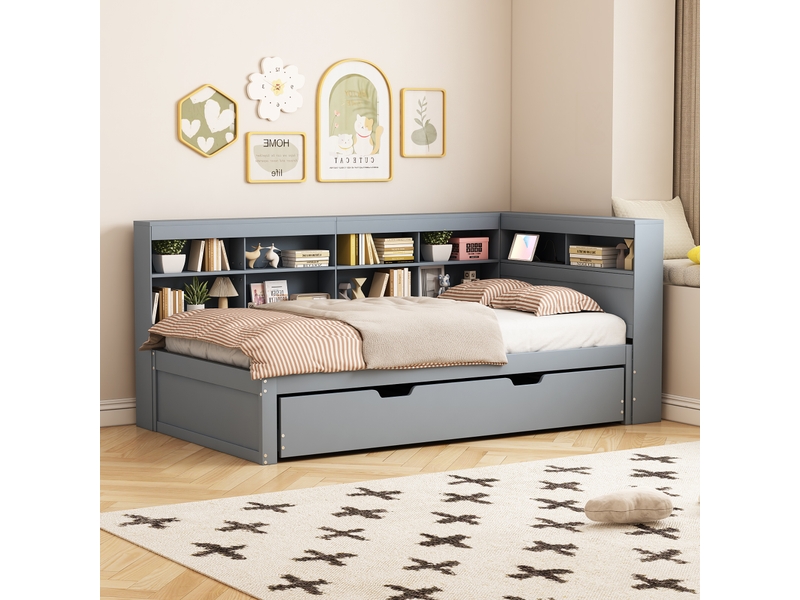  Lit banquette en bois massif 90*200 cm gris, lit gigogne 90*190, usb et rangements intégrés  - Conforama C