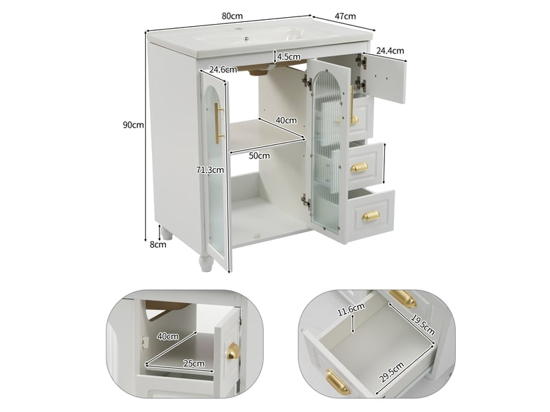 Meuble de salle de bains avec vasque 80x47x90 cm, 3 portes et 3 tiroirs, mdf, blanc - Conforama E