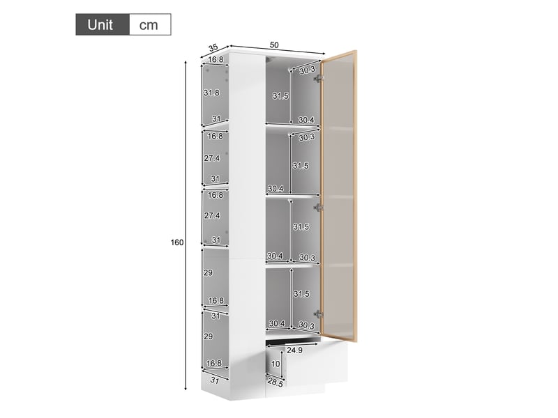  Vitrine haute 50 x 35 x 160 cm – blanche – porte vitrée, led réglable par application, tiroir et niches  - Conforama C