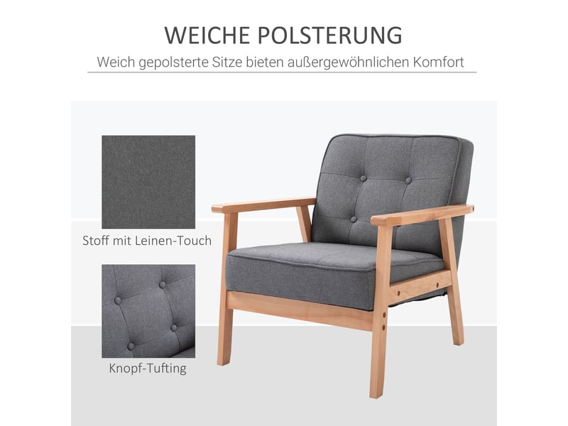  Fauteuil de salon en tissu aspect lin et bois massif gris 64,5 x 70 x 74 cm  - Conforama D
