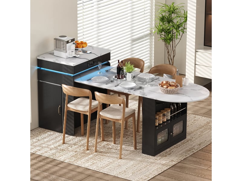  Îlot de cuisine à roulettes avec table extensible, prises, led, tiroirs, noir Jamama eleni - Conforama B