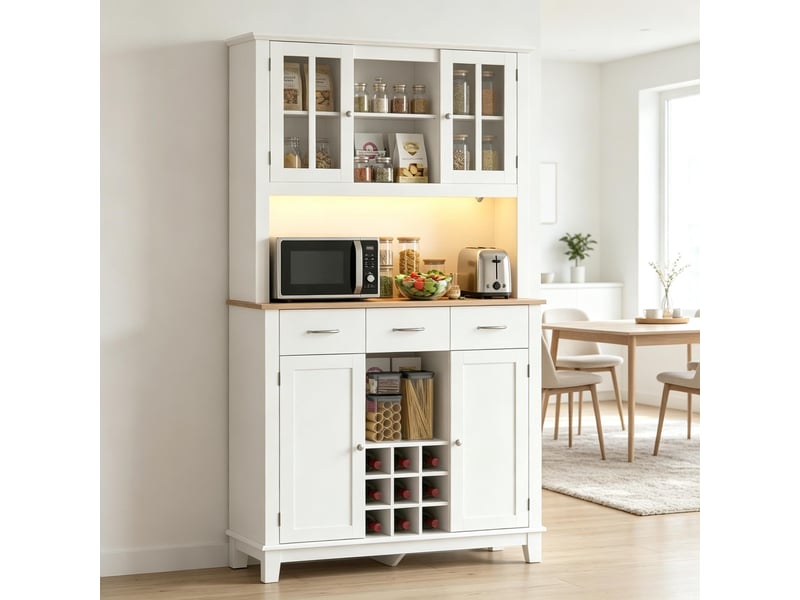 Buffet de cuisine avec 4 portes, 3 tiroirs, 3 niches, casier à bouteilles, led, blanc et chêne, 100 × 39,5 × 180 cm - Conforama E