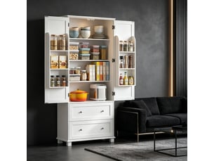 Buffet de cuisine haut 2 portes, 2 tiroirs, 6 rangements de porte, étagères réglables, blanc, 80 × 39,5 × 184,5 cm