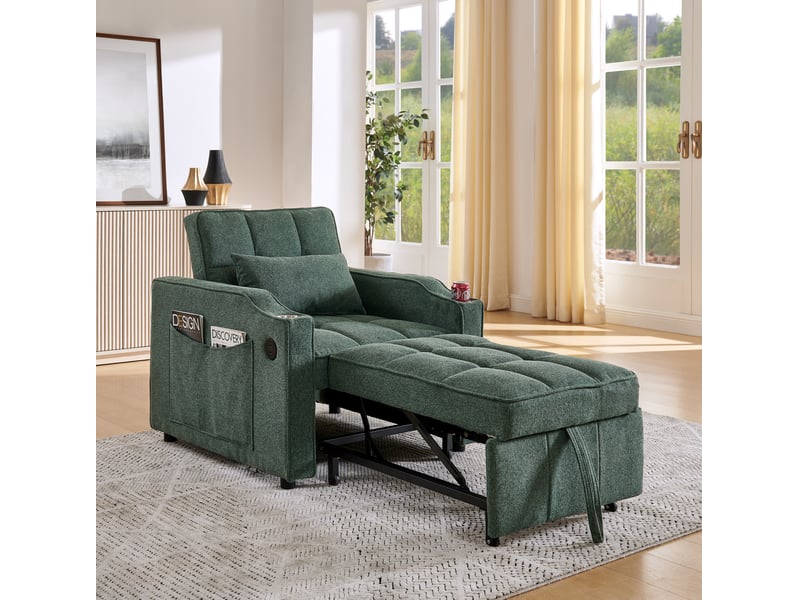  Fauteuil convertible tcqpz 3 en 1 190 x 85 x 86 cm dossier réglable 3 positions usb usb-c porte-gobelet rangement latéral vert  - Conforama B