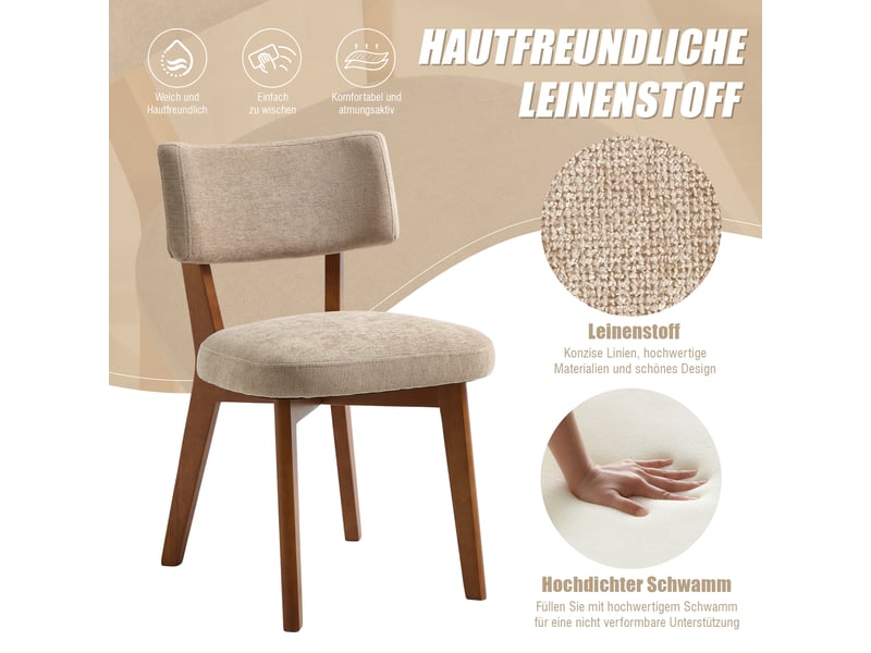  Ensemble de 2 chaises de salle à manger de style moderne du milieu du siècle, pieds en bois massif, assise rembourrée en tissu (tissu en lin kaki) pour la cuisine, la salle à manger ou le bureau.  - Conforama C