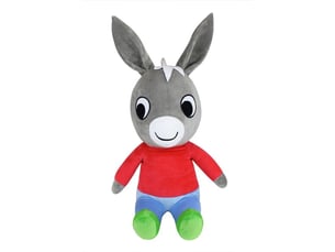 Peluche âne xxl trotro 65 cm grise avec chemise rouge, pantalon bleu, pieds verts