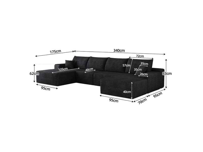  Canapé d’angle panoramique 5 places 340 cm en velours côtelé noir, mousse  - Conforama C