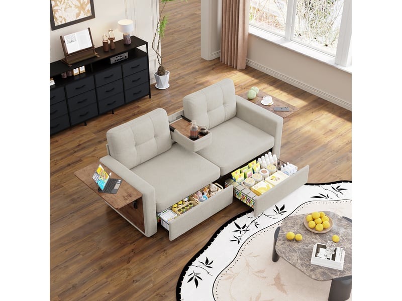  Canapé 2 places avec 2 tiroirs et tables réglables 178x71x57.5 cm beige  - Conforama B