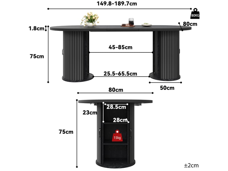  Table à manger extensible, 149,8x80x75 cm, avec espace de rangement, repas, salle à manger, pratique, mdf, coloris noir  - Conforama C