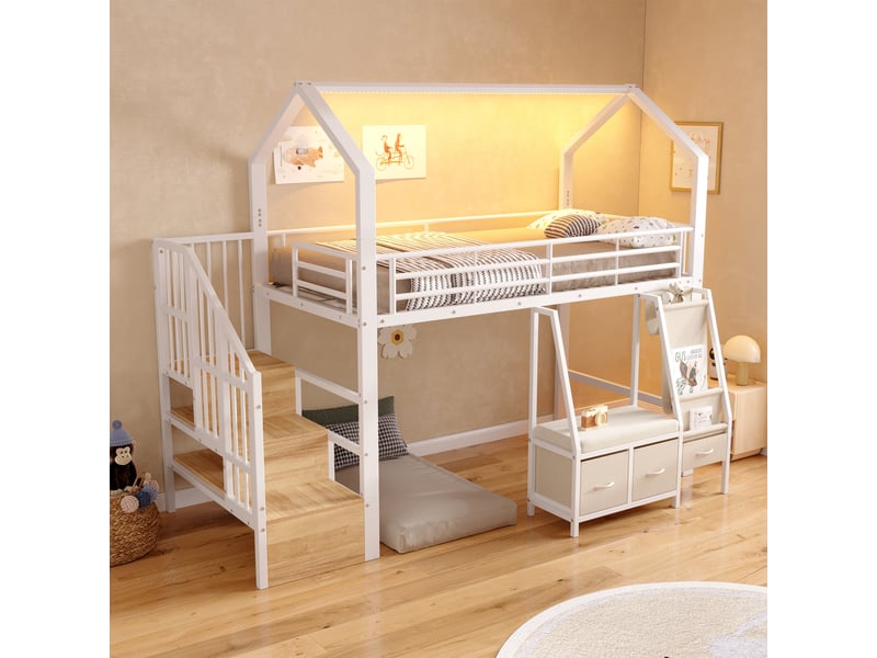  Lit mezzanine 90x200 cm en métal avec rangements en tissu, tiroirs, placards intégrés à l’échelle et éclairage led, avec tiroirs de rangement - blanc  - Conforama D