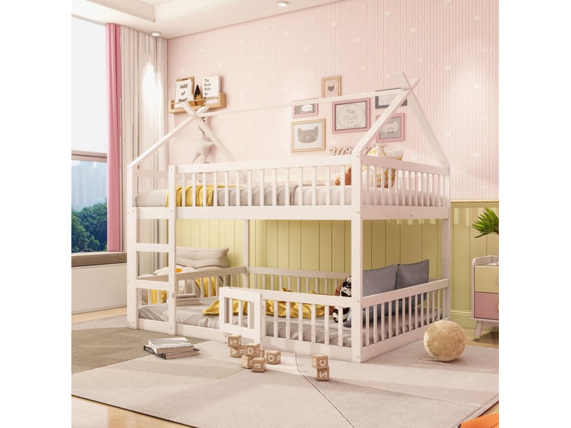  Lit superposé enfant 140x200 cm avec escalier, barrières et toit, blanc  - Conforama B