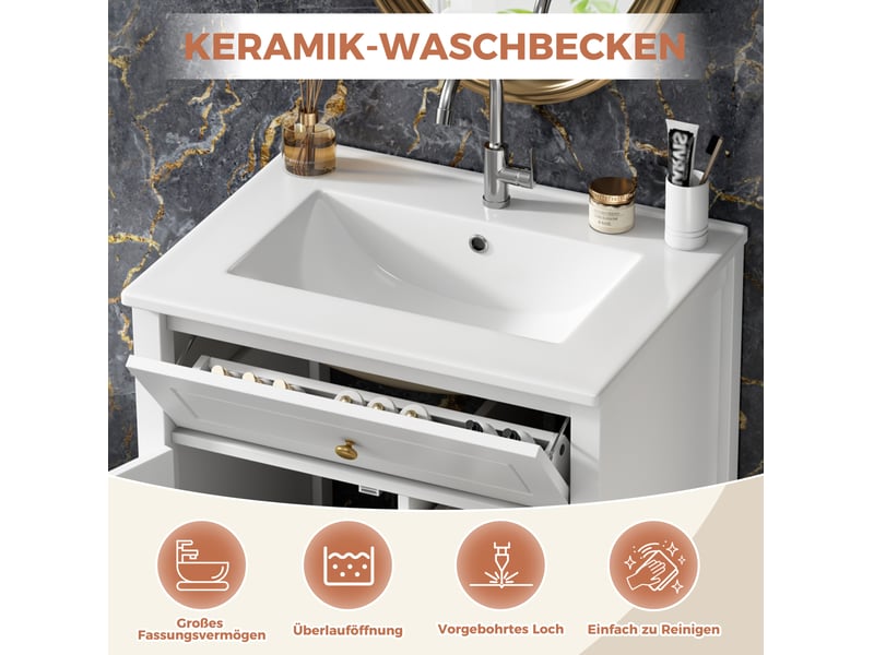 Meuble sous vasque 2 tiroirs, 1 tiroir abattant et porte, fermeture douce, salle de bain mdf blanc 61 × 47 × 87 cm - Conforama E