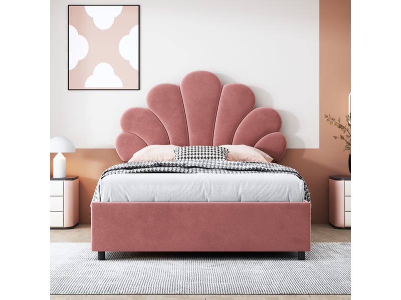  Lit coffre 90 × 200 cm 1 place avec rangement hydraulique et tête de lit fleurie, sans matelas, en velours rose  - Conforama C