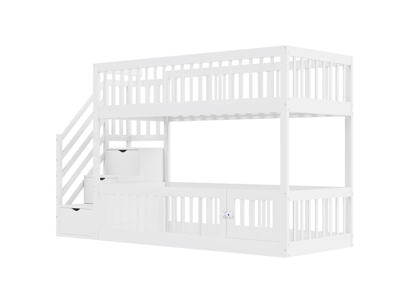  Lit superposé enfant 90 × 200 cm 2 places avec escalier à tiroirs et barrières, sans matelas, en bois massif, blanc  - Conforama E