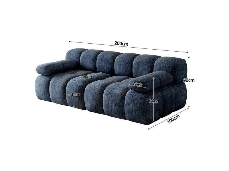  Canapé droit 2 places compressé 200x100x68 cm, pour salon, meuble de salon, en mousse douce et tissu chenille, bleu  - Conforama C