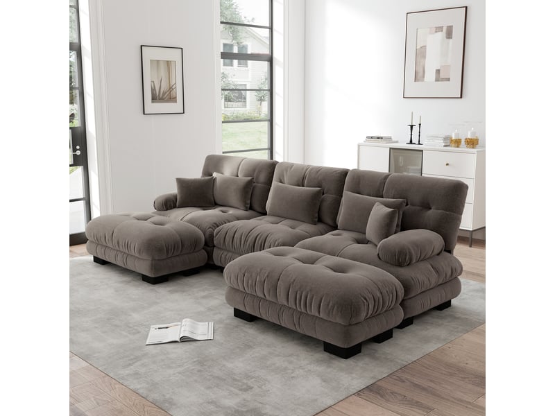  Canapé panoramique en u modulable avec assise profonde et ottoman, en chenille marron  - Conforama D