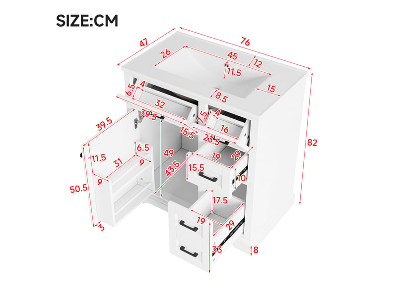  Meuble sous vasque à poser avec 1 porte, 4 tiroirs et vasque en céramique pour salle de bain blanc 76 × 47 × 82 cm  - Conforama C