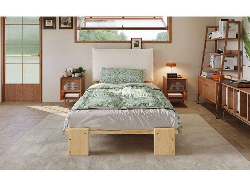  Lit enfant 90x200 cm en bois avec tête de lit rembourrée coloris naturel  - Conforama W